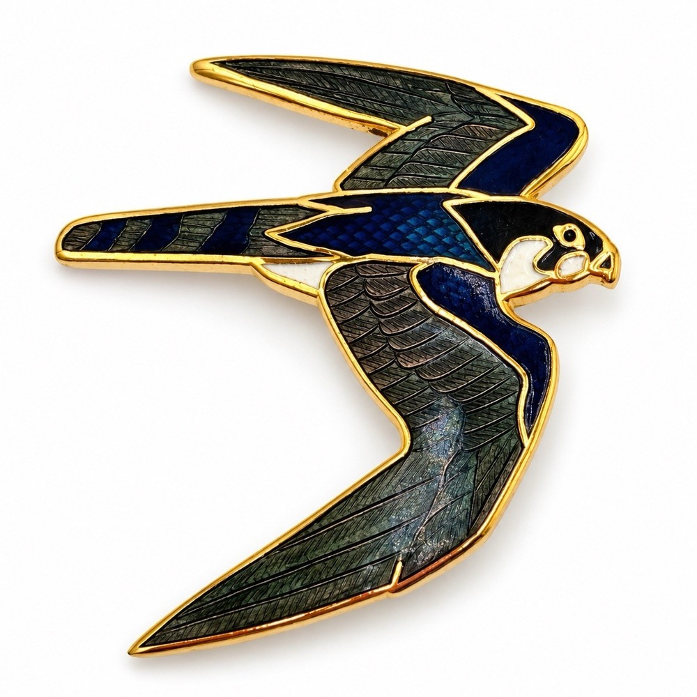 Wm Spear Peregrine Falcon Brooch Blue Enamel Bird Pin Signed 1989 Gold Tone Rapt
